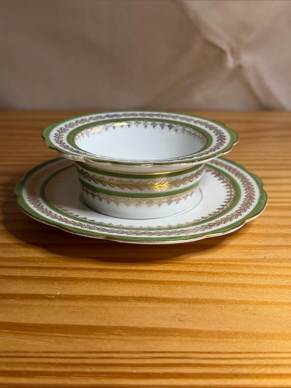 Antique Imperial China Austria Green Gold Ramekin & Underplate Set c.1900